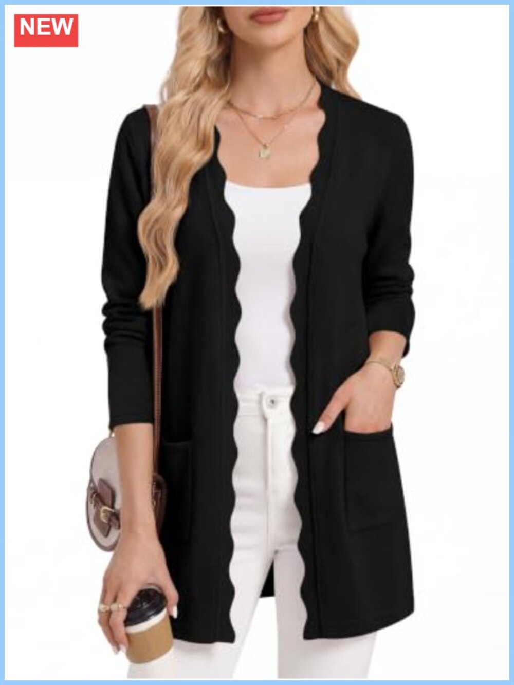 Scalloped Open Front Cardigan Lightweight Slim Fit V-Neck Sweater